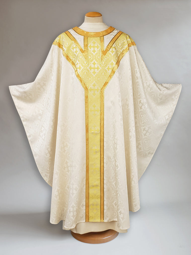 Y Yoke Brocade Gold Cross Ecru Sample Chasuble for Christmas or Easter