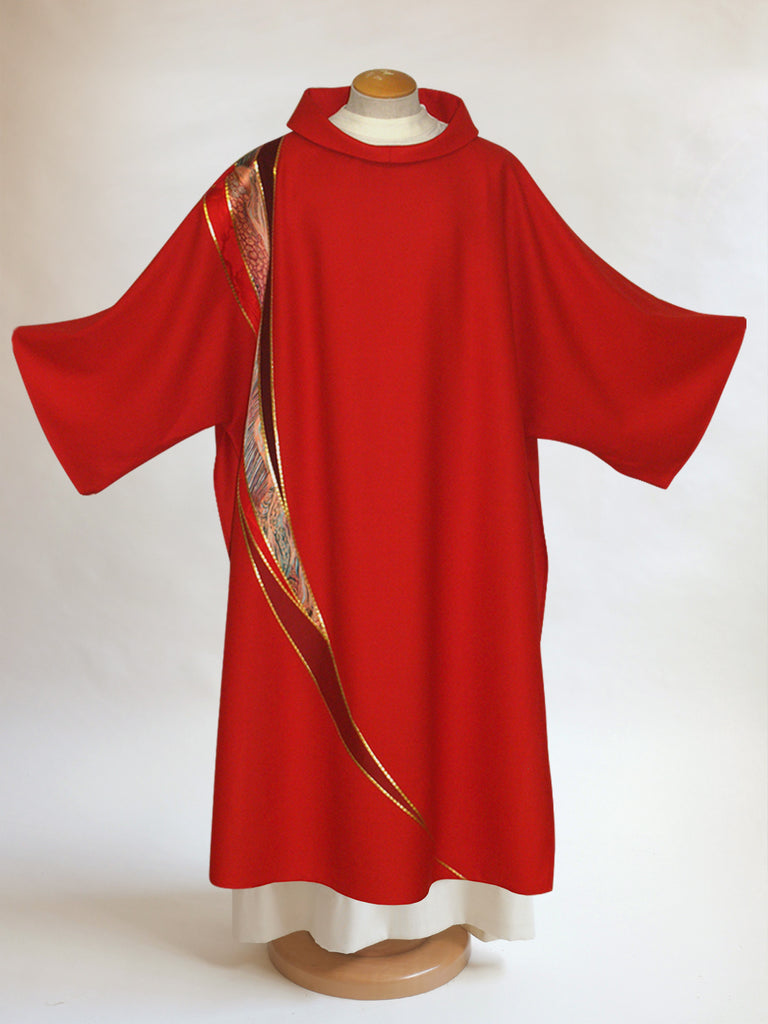 red curvilinear dalmatic for pentecost and confirmations