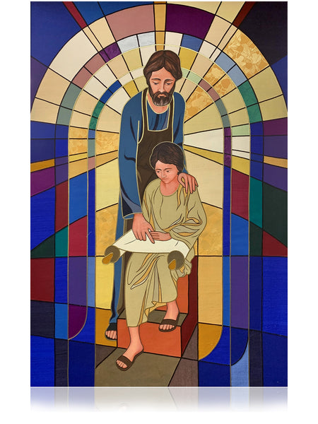 Joseph Teaching Jesus Stained Glass Banner